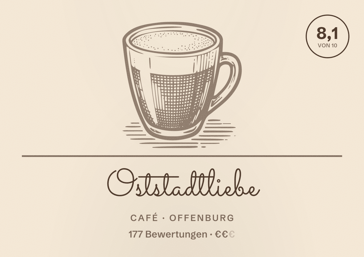 Illustriertes Poster von Oststadtliebe, Café in Offenburg: Bewertung 8,1 von 10 aus 177 Bewertungen, Preisniveau €€