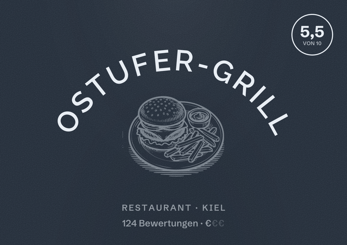 Illustriertes Poster von Ostufer-Grill, Restaurant in Kiel: Bewertung 5,5 von 10 aus 124 Bewertungen, Preisniveau €