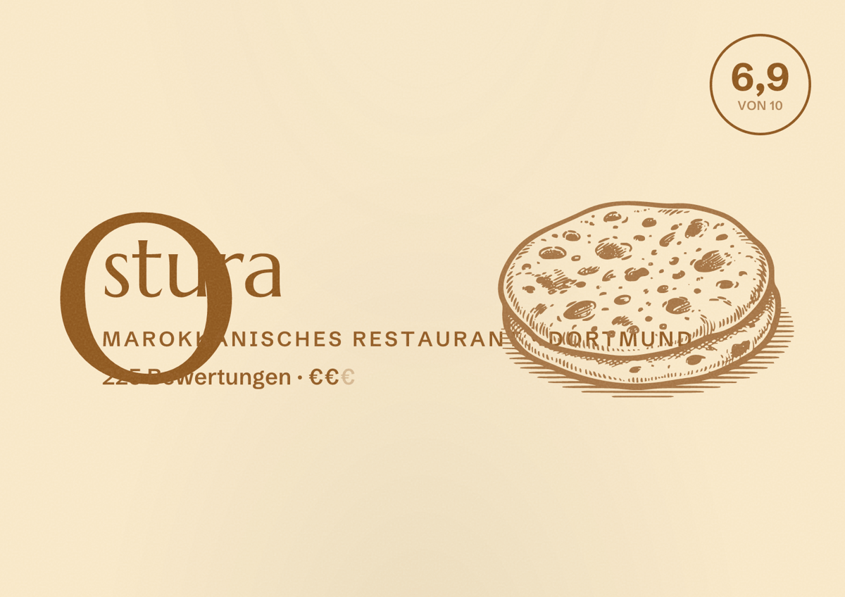 Illustriertes Poster von Ostura, Marokkanisches Restaurant in Dortmund: Bewertung 6,9 von 10 aus 225 Bewertungen, Preisniveau €€