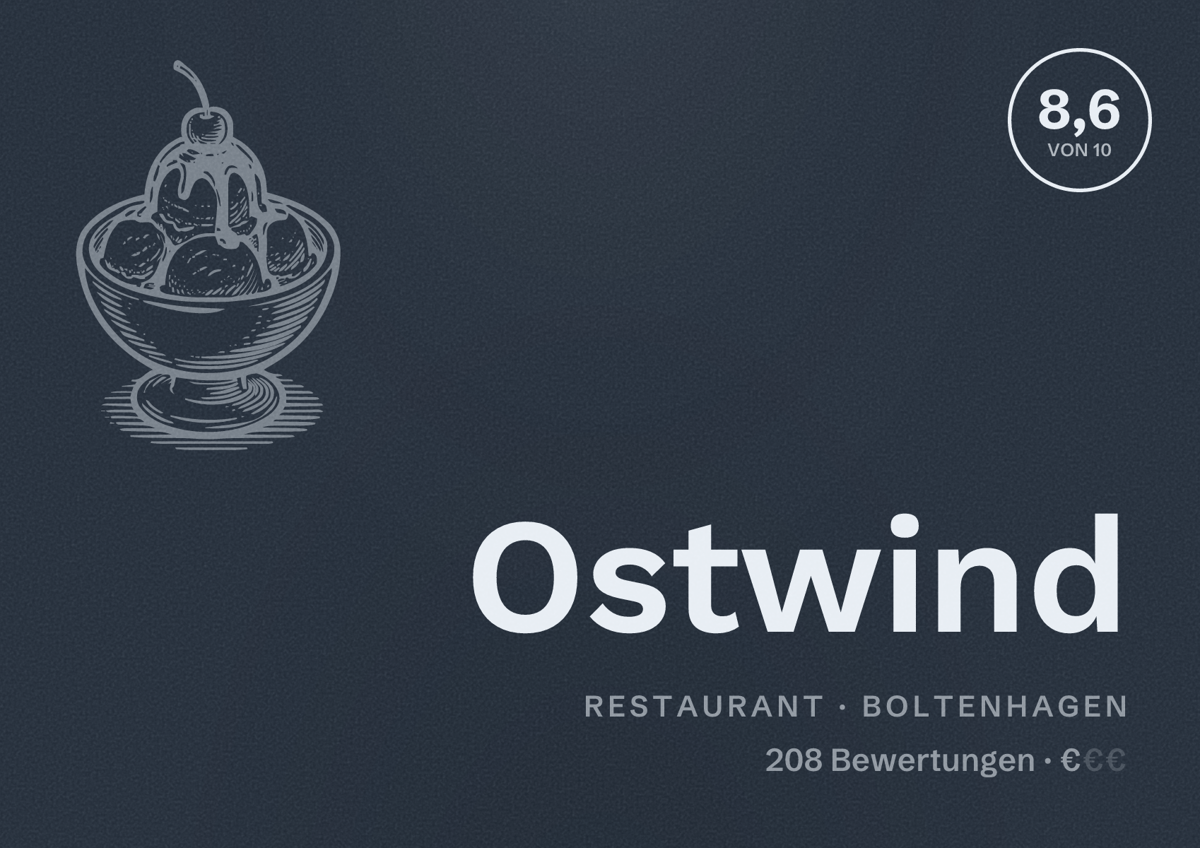 Illustriertes Poster von Ostwind, Restaurant in Boltenhagen: Bewertung 8,6 von 10 aus 208 Bewertungen, Preisniveau €