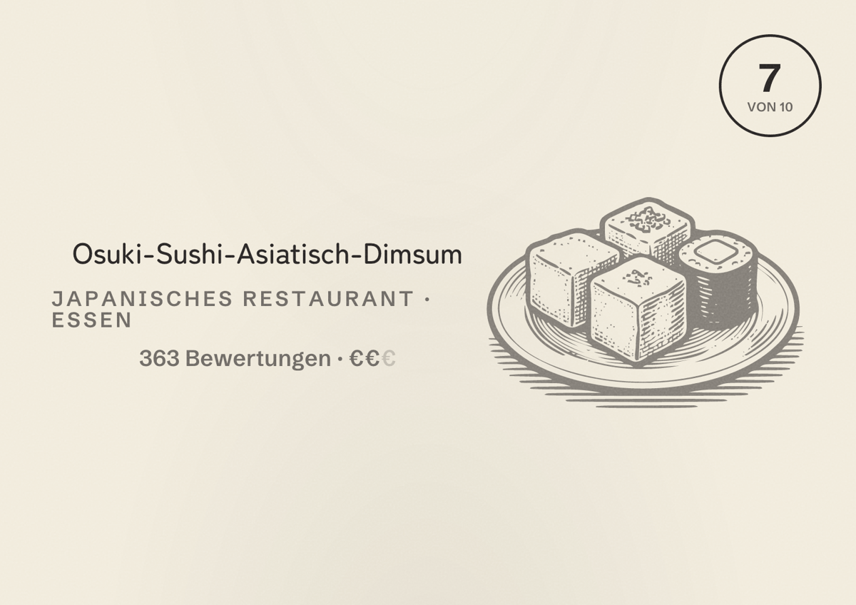 Illustriertes Poster von Osuki-Sushi-Asiatisch-Dimsum, Japanisches Restaurant in Essen: Bewertung 7 von 10 aus 363 Bewertungen, Preisniveau €€