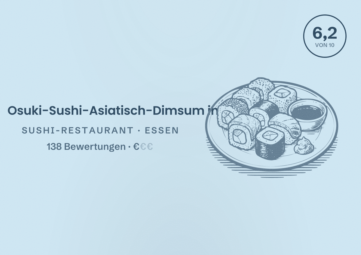 Illustriertes Poster von Osuki-Sushi-Asiatisch-Dimsum in, Sushi-Restaurant in Essen: Bewertung 6,3 von 10 aus 138 Bewertungen, Preisniveau €