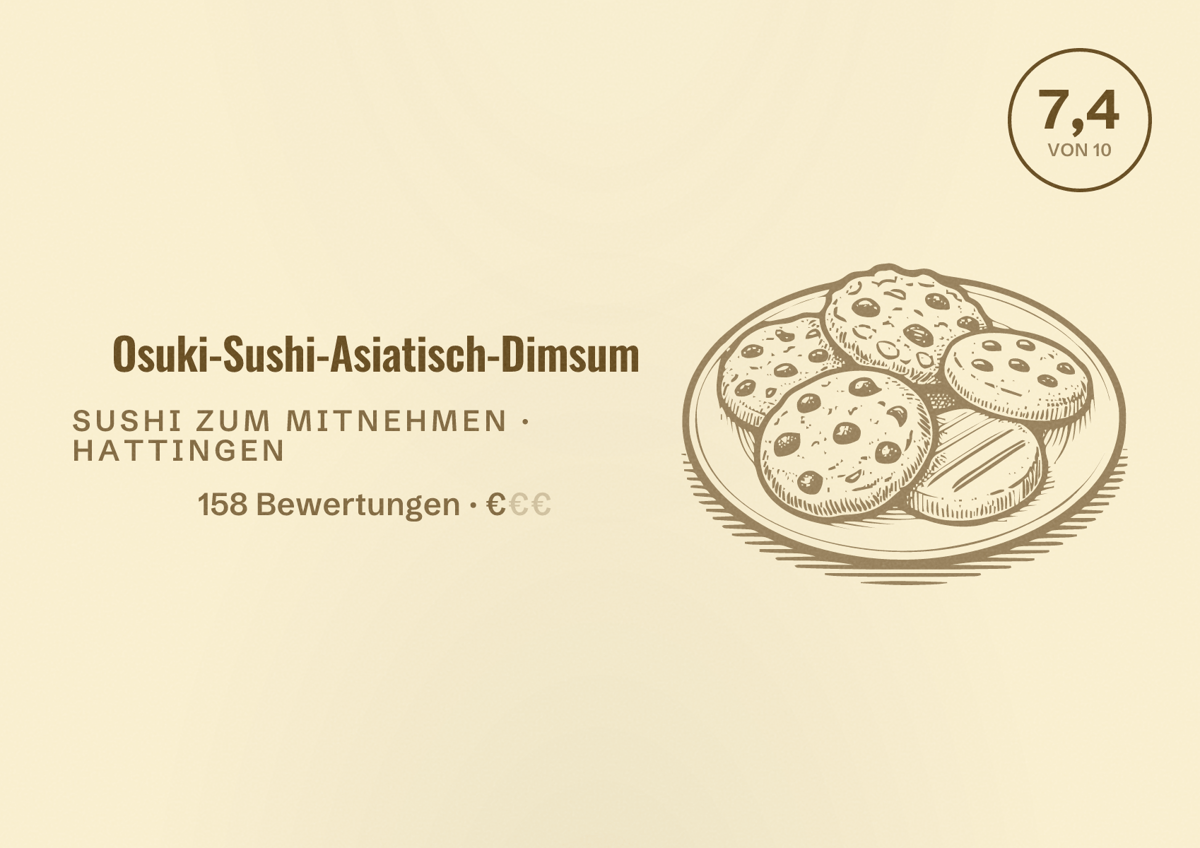 Illustriertes Poster von Osuki-Sushi-Asiatisch-Dimsum, Sushi zum Mitnehmen in Hattingen: Bewertung 7,4 von 10 aus 158 Bewertungen, Preisniveau €