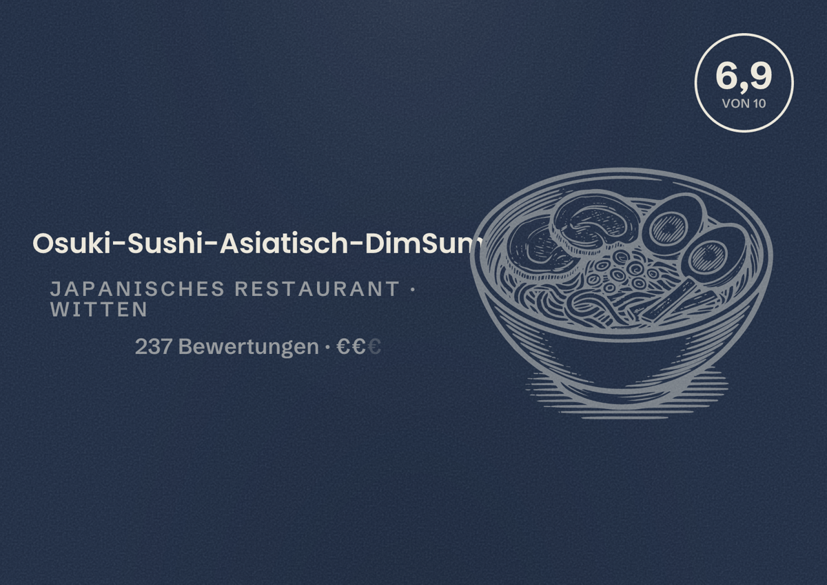Illustriertes Poster von Osuki-Sushi-Asiatisch-DimSum, Japanisches Restaurant in Witten: Bewertung 6,9 von 10 aus 237 Bewertungen, Preisniveau €€