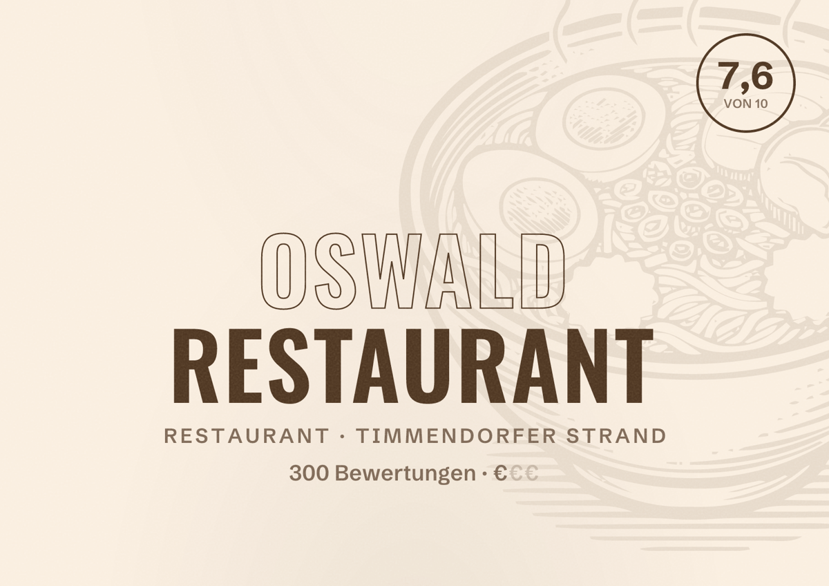 Illustriertes Poster von Oswald Restaurant, Restaurant in Timmendorfer Strand: Bewertung 7,6 von 10 aus 300 Bewertungen, Preisniveau €