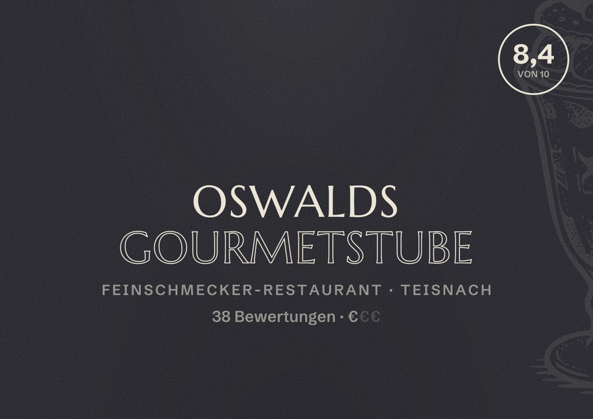 Illustriertes Poster von Oswalds Gourmetstube, Feinschmecker-Restaurant in Teisnach: Bewertung 8,4 von 10 aus 38 Bewertungen, Preisniveau €