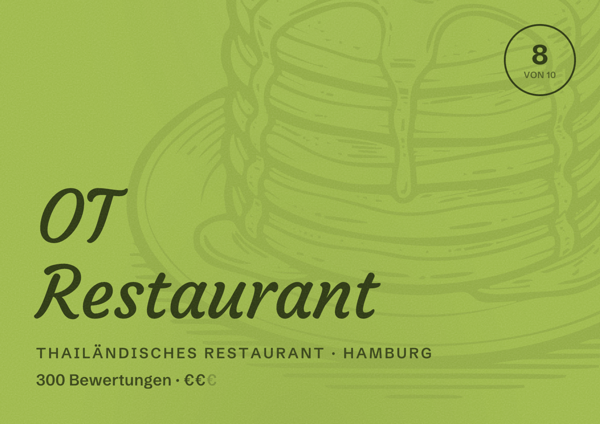 Illustriertes Poster von OT Restaurant, Thailändisches Restaurant in Hamburg: Bewertung 8,0 von 10 aus 300 Bewertungen, Preisniveau €€