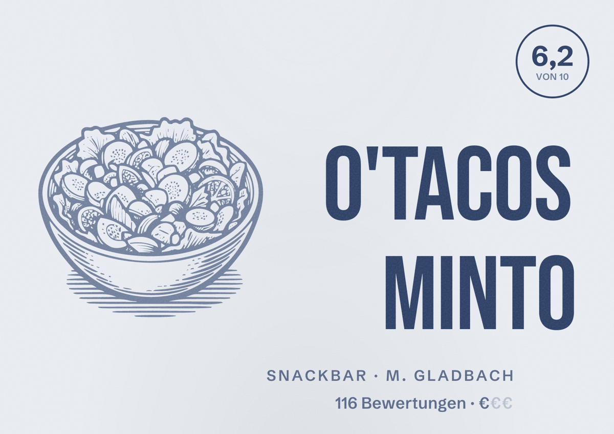 Illustriertes Poster von O'tacos Minto, Snackbar in M. Gladbach: Bewertung 6,2 von 10 aus 116 Bewertungen, Preisniveau €