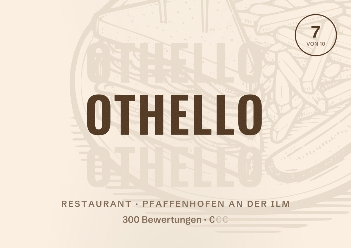 Illustriertes Poster von Othello, Restaurant in Pfaffenhofen an der Ilm: Bewertung 7 von 10 aus 300 Bewertungen, Preisniveau €