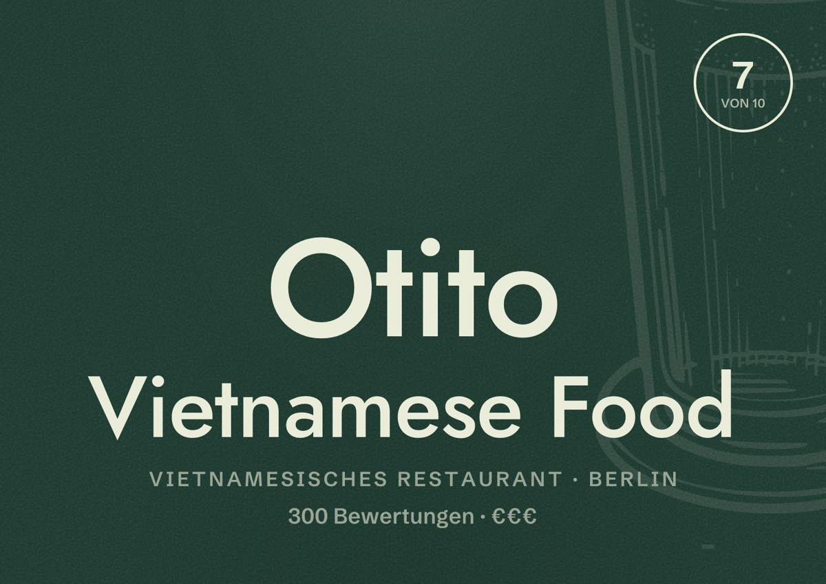 Illustriertes Poster von Otito Vietnamese Food, Vietnamesisches Restaurant in Berlin: Bewertung 7,0 von 10 aus 300 Bewertungen, Preisniveau €€€