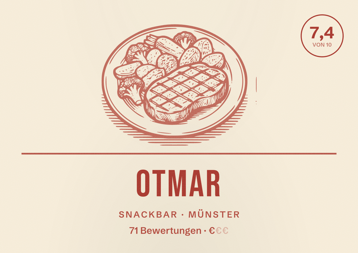 Illustriertes Poster von Otmar, Snackbar in Münster: Bewertung 7,4 von 10 aus 71 Bewertungen, Preisniveau €