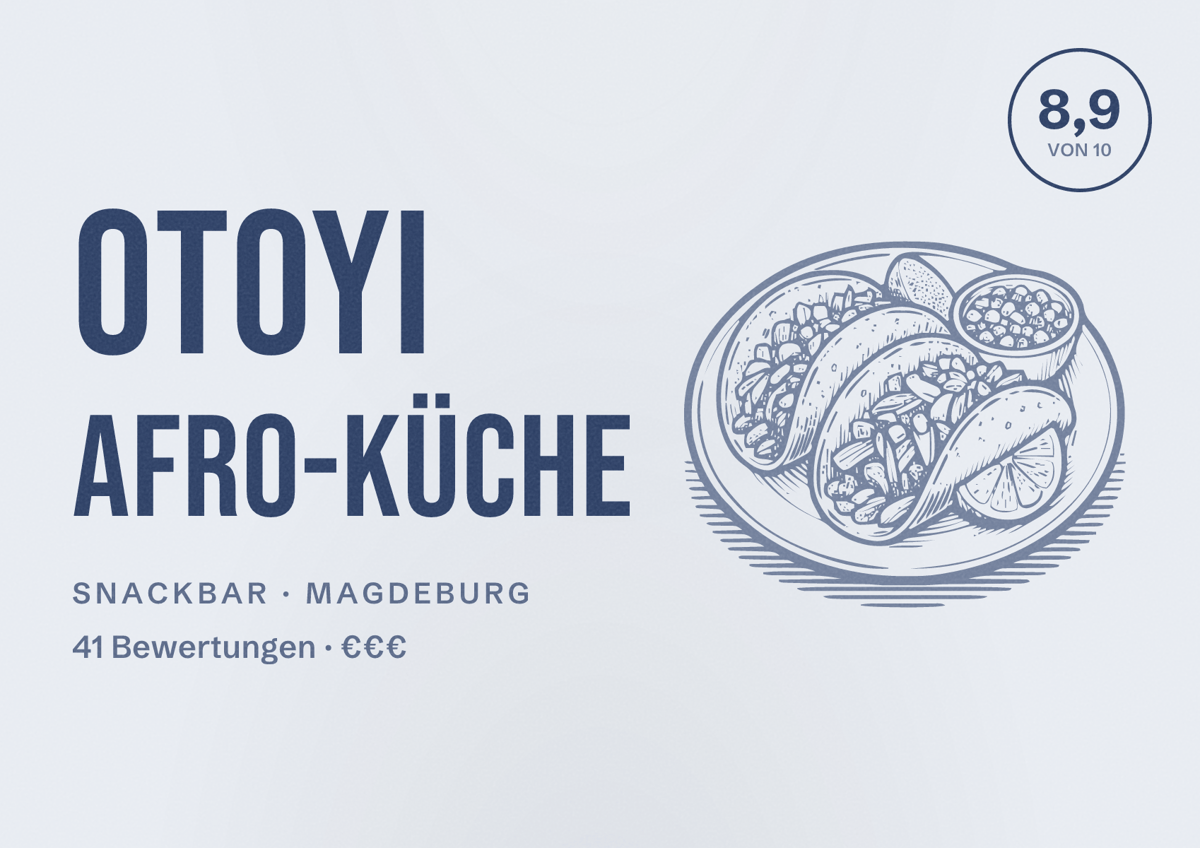 Illustriertes Poster von Otoyi Afro-Küche, Snackbar in Magdeburg: Bewertung 8,9 von 10 aus 41 Bewertungen, Preisniveau €€€
