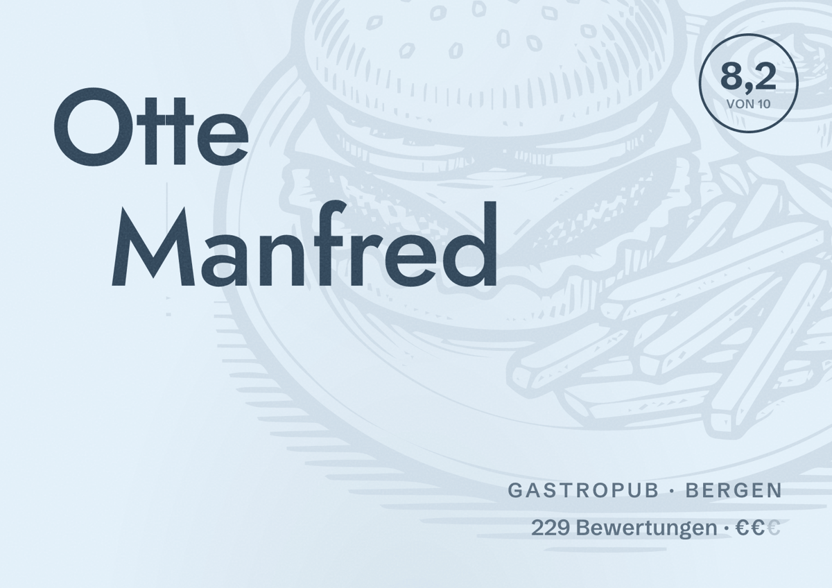 Illustriertes Poster von Otte Manfred, Gastropub in Bergen: Bewertung 8,2 von 10 aus 229 Bewertungen, Preisniveau €€