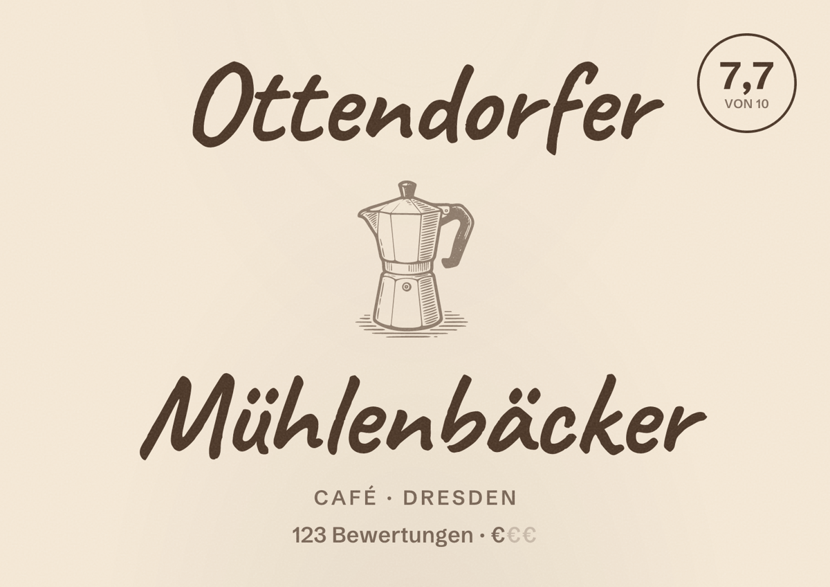 Illustriertes Poster von Ottendorfer Mühlenbäcker, Café in Dresden: Bewertung 7,7 von 10 aus 123 Bewertungen, Preisniveau €