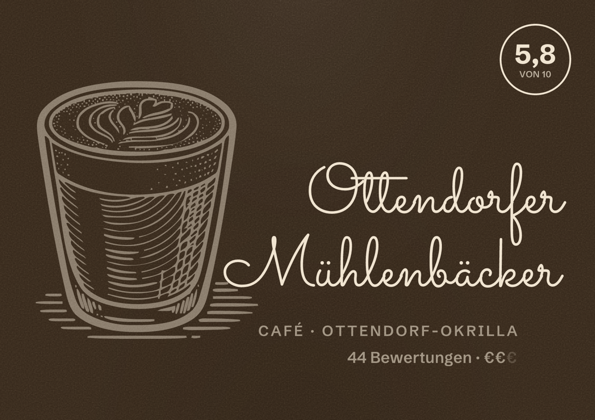 Illustriertes Poster von Ottendorfer Mühlenbäcker, Café in Ottendorf-Okrilla: Bewertung 5,8 von 10 aus 44 Bewertungen, Preisniveau €€