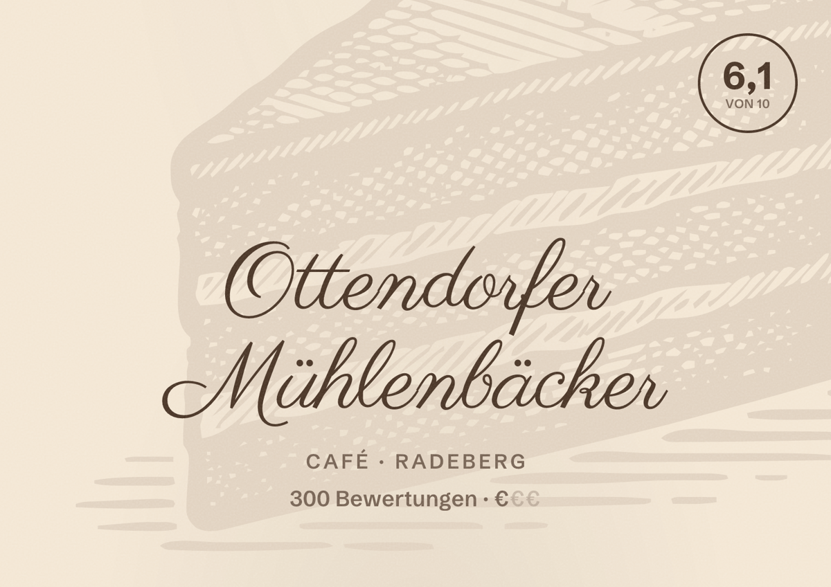 Illustriertes Poster von Ottendorfer Mühlenbäcker, Café in Radeberg: Bewertung 6,1 von 10 aus 300 Bewertungen, Preisniveau €