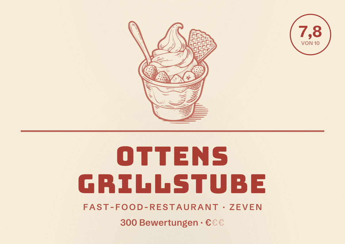 Illustriertes Poster von Ottens Grillstube, Fast-Food-Restaurant in Zeven: Bewertung 7,8 von 10 aus 300 Bewertungen, Preisniveau €