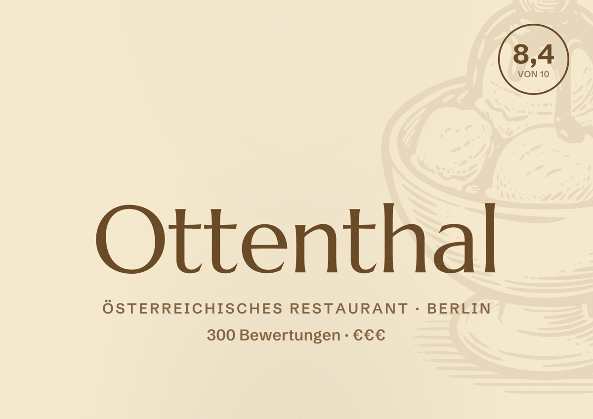 Illustriertes Poster von Ottenthal, Österreichisches Restaurant in Berlin: Bewertung 8,4 von 10 aus 300 Bewertungen, Preisniveau €€€