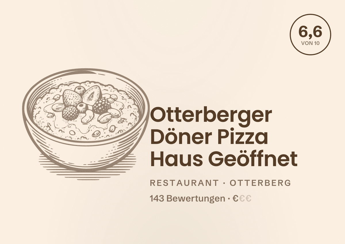 Illustriertes Poster von Otterberger Döner Pizza Haus Geöffnet, Restaurant in Otterberg: Bewertung 6,6 von 10 aus 143 Bewertungen, Preisniveau €