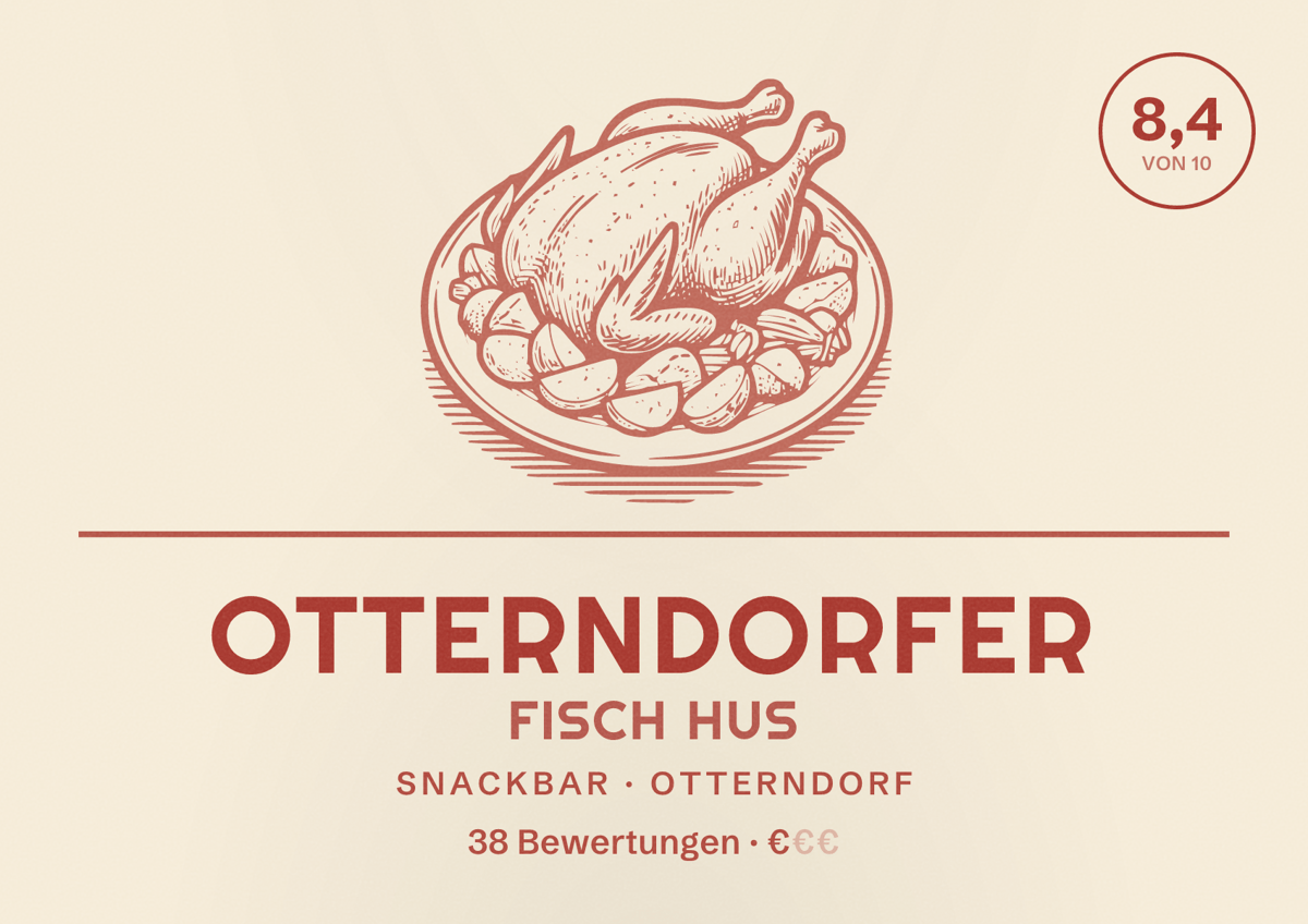 Illustriertes Poster von Otterndorfer Fisch Hus, Snackbar in Otterndorf: Bewertung 8,4 von 10 aus 38 Bewertungen, Preisniveau €
