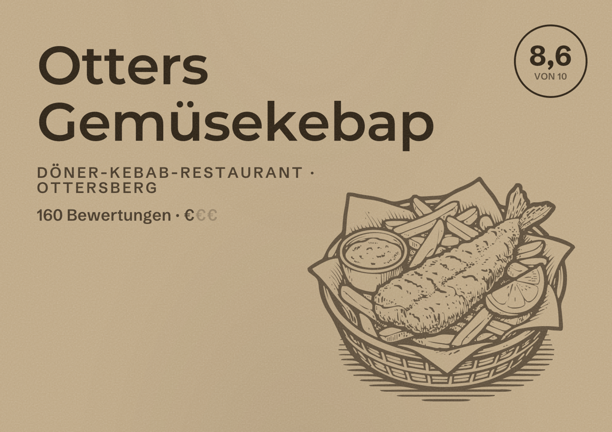 Illustriertes Poster von Otters Gemüsekebap, Döner-Kebab-Restaurant in Ottersberg: Bewertung 8,6 von 10 aus 160 Bewertungen, Preisniveau €