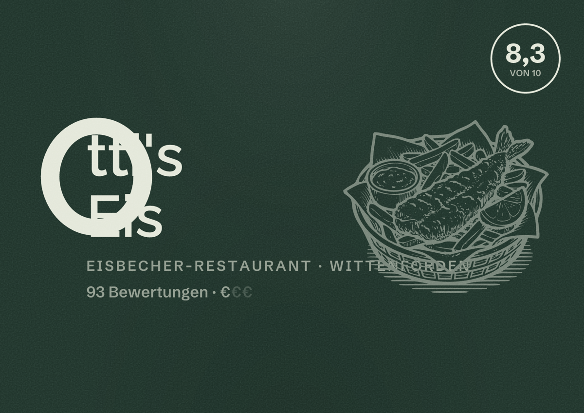Illustriertes Poster von Otti's Eis, Eisbecher-Restaurant in Wittenförden: Bewertung 8,3 von 10 aus 93 Bewertungen, Preisniveau €