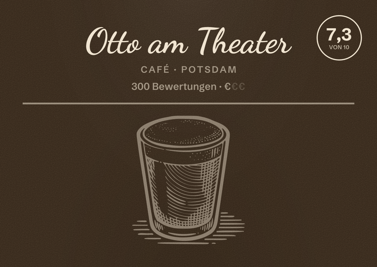 Illustriertes Poster von Otto am Theater, Café in Potsdam: Bewertung 7,3 von 10 aus 300 Bewertungen, Preisniveau €