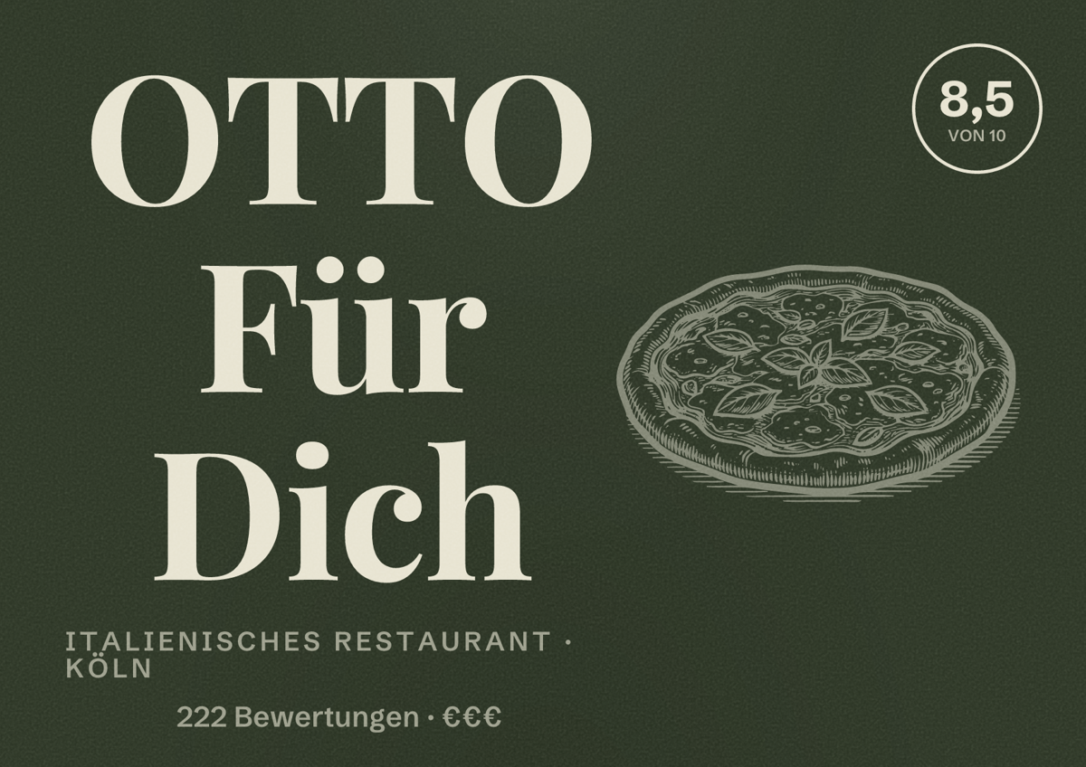 Illustriertes Poster von OTTO Für Dich, Italienisches Restaurant in Köln: Bewertung 8,5 von 10 aus 222 Bewertungen, Preisniveau €€€