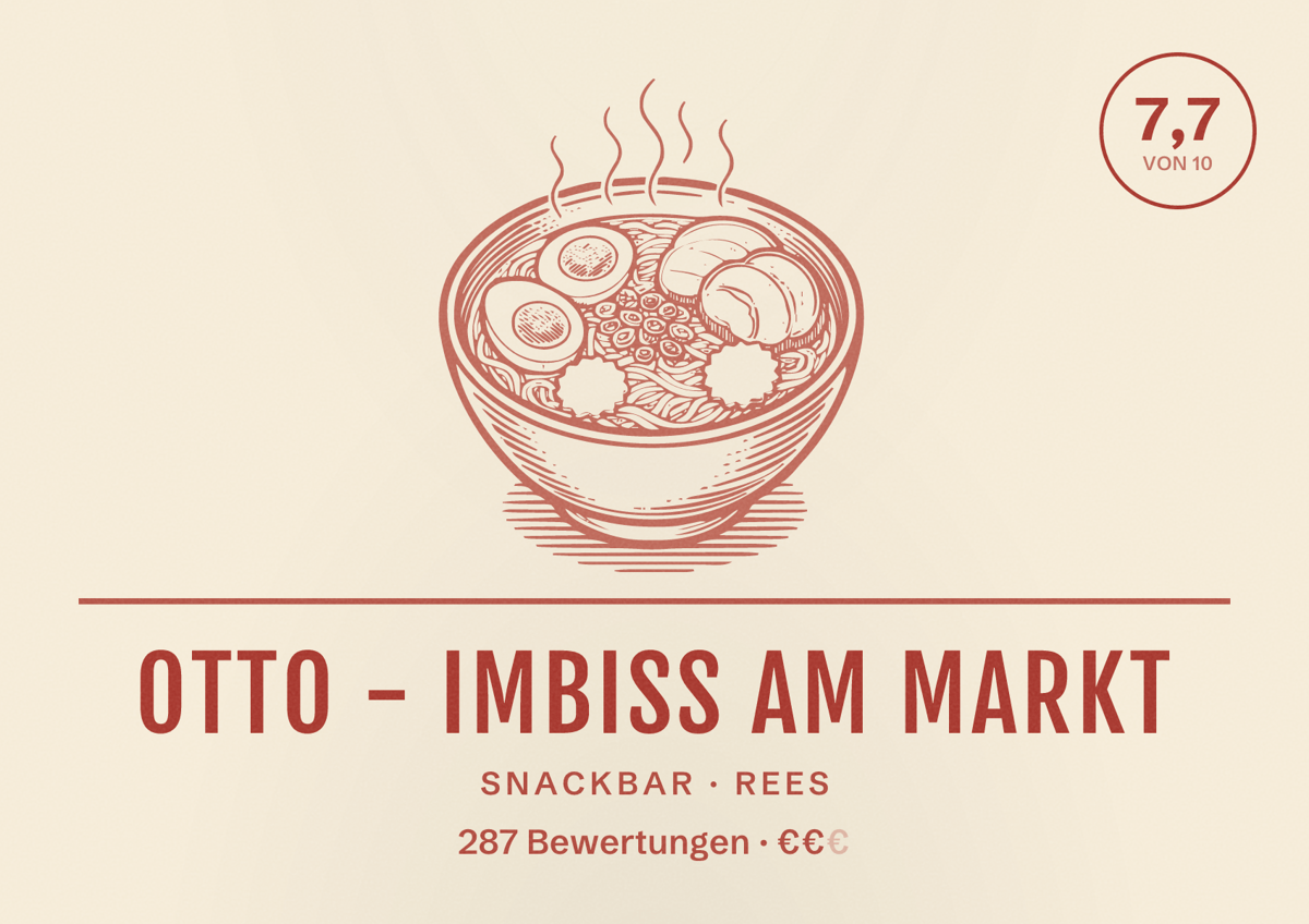 Illustriertes Poster von Otto - Imbiss am Markt, Snackbar in Rees: Bewertung 7,7 von 10 aus 287 Bewertungen, Preisniveau €€