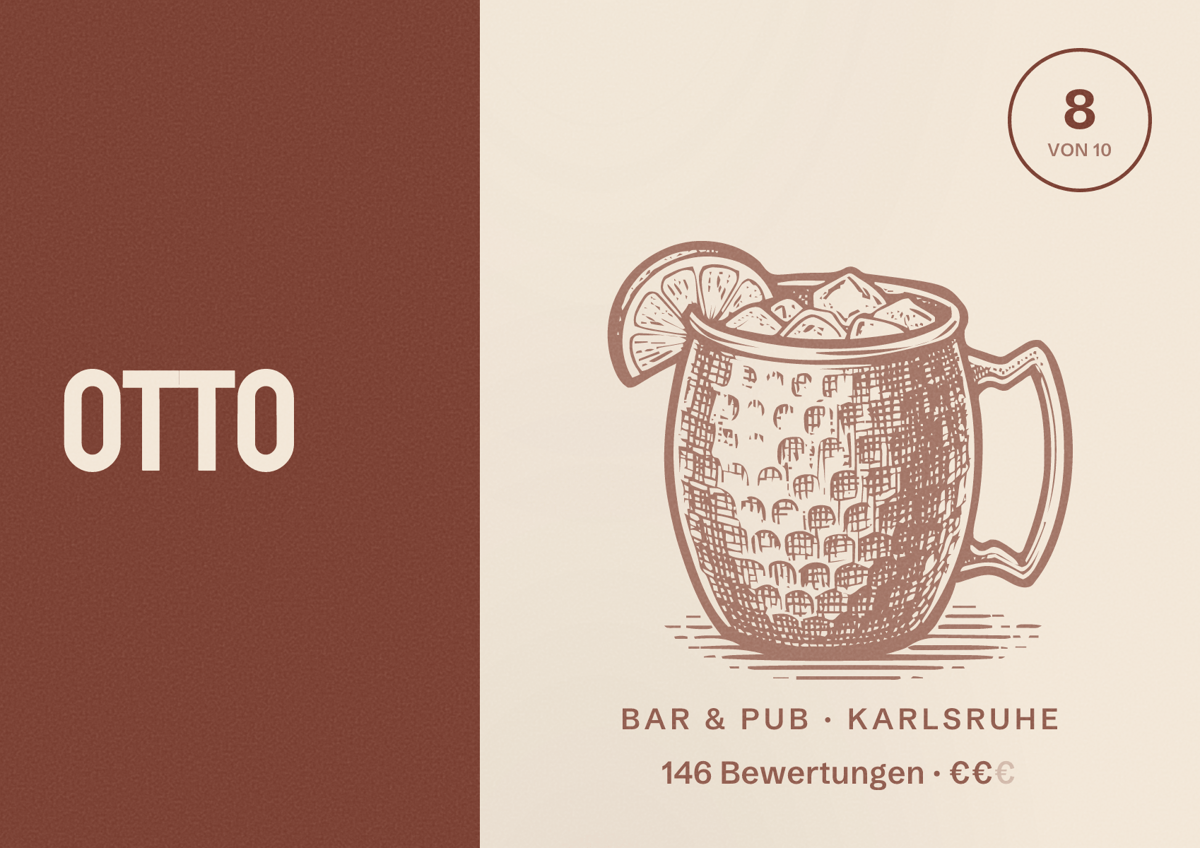 Illustriertes Poster von Otto, Bar & Pub in Karlsruhe: Bewertung 8 von 10 aus 146 Bewertungen, Preisniveau €€