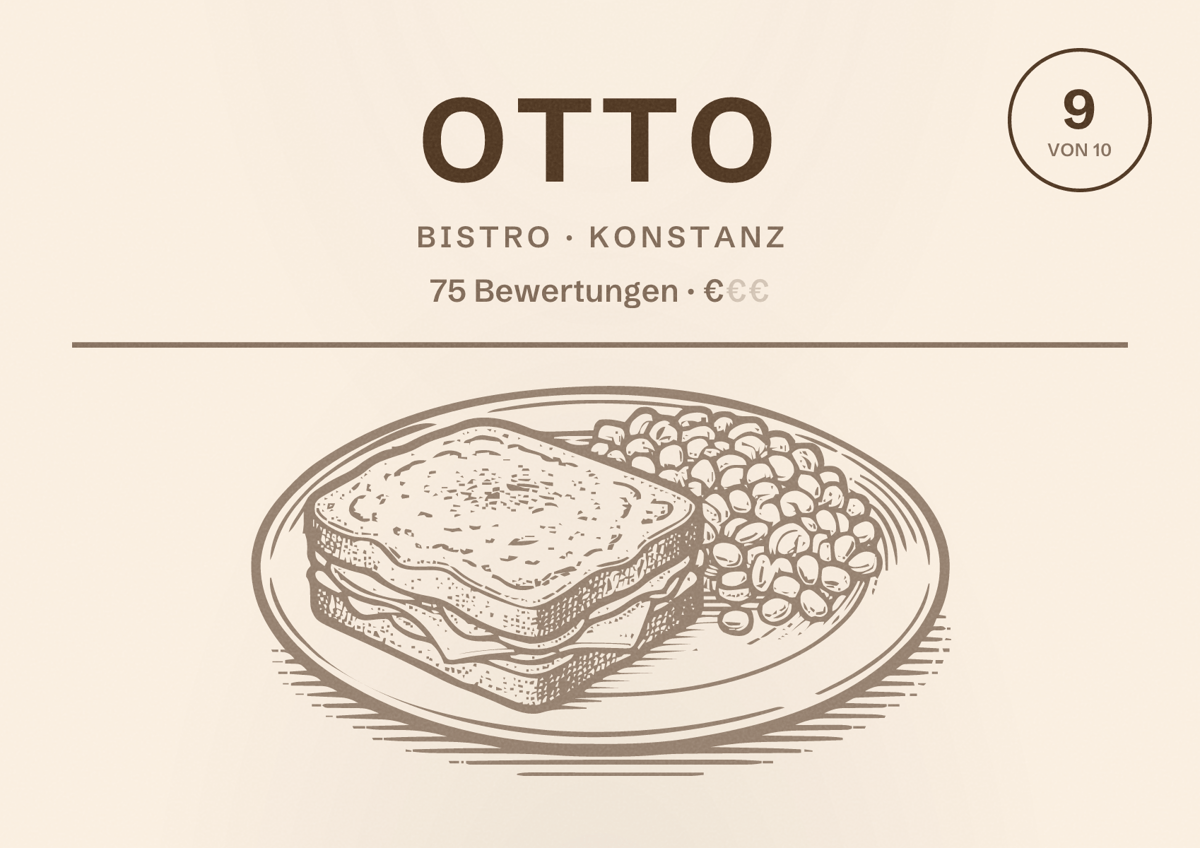 Illustriertes Poster von Otto, Bistro in Konstanz: Bewertung 9 von 10 aus 75 Bewertungen, Preisniveau €