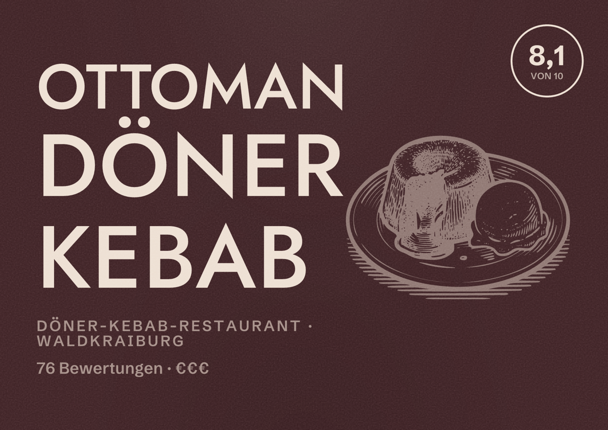 Illustriertes Poster von Ottoman Döner Kebab, Döner-Kebab-Restaurant in Waldkraiburg: Bewertung 8,1 von 10 aus 76 Bewertungen, Preisniveau €€€