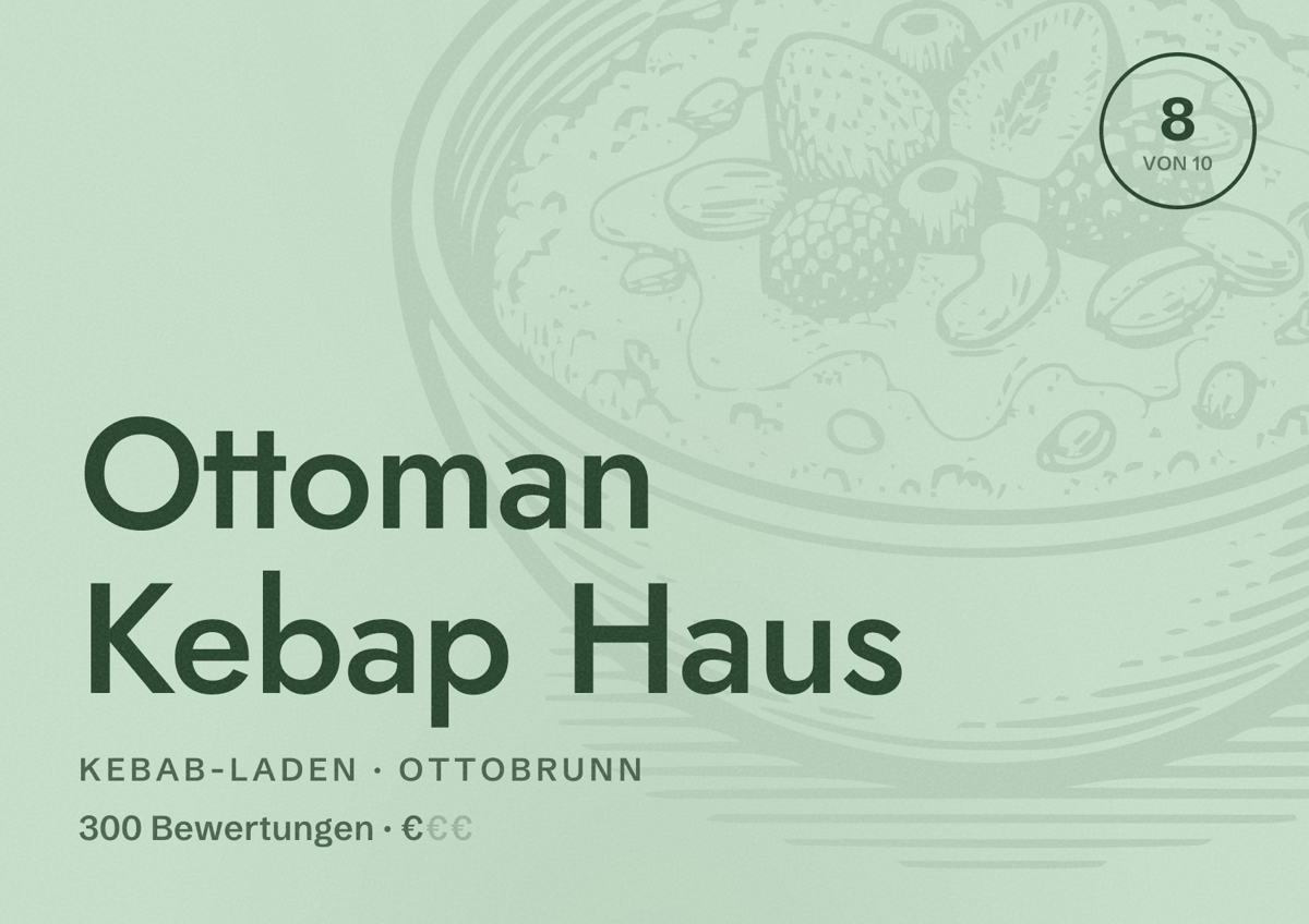 Illustriertes Poster von Ottoman Kebap Haus, Kebab-Laden in Ottobrunn: Bewertung 8 von 10 aus 300 Bewertungen, Preisniveau €