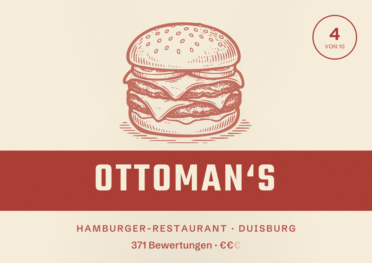 Illustriertes Poster von Ottoman‘s, Hamburger-Restaurant in Duisburg: Gästebewertung 4 von 10 aus 371 Bewertungen
