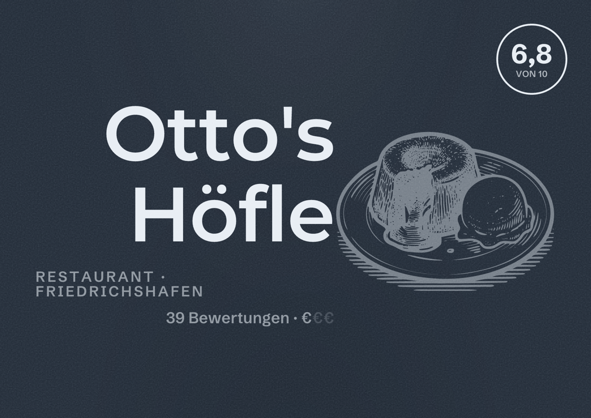Illustriertes Poster von Otto's Höfle, Restaurant in Friedrichshafen: Bewertung 6,8 von 10 aus 39 Bewertungen, Preisniveau €