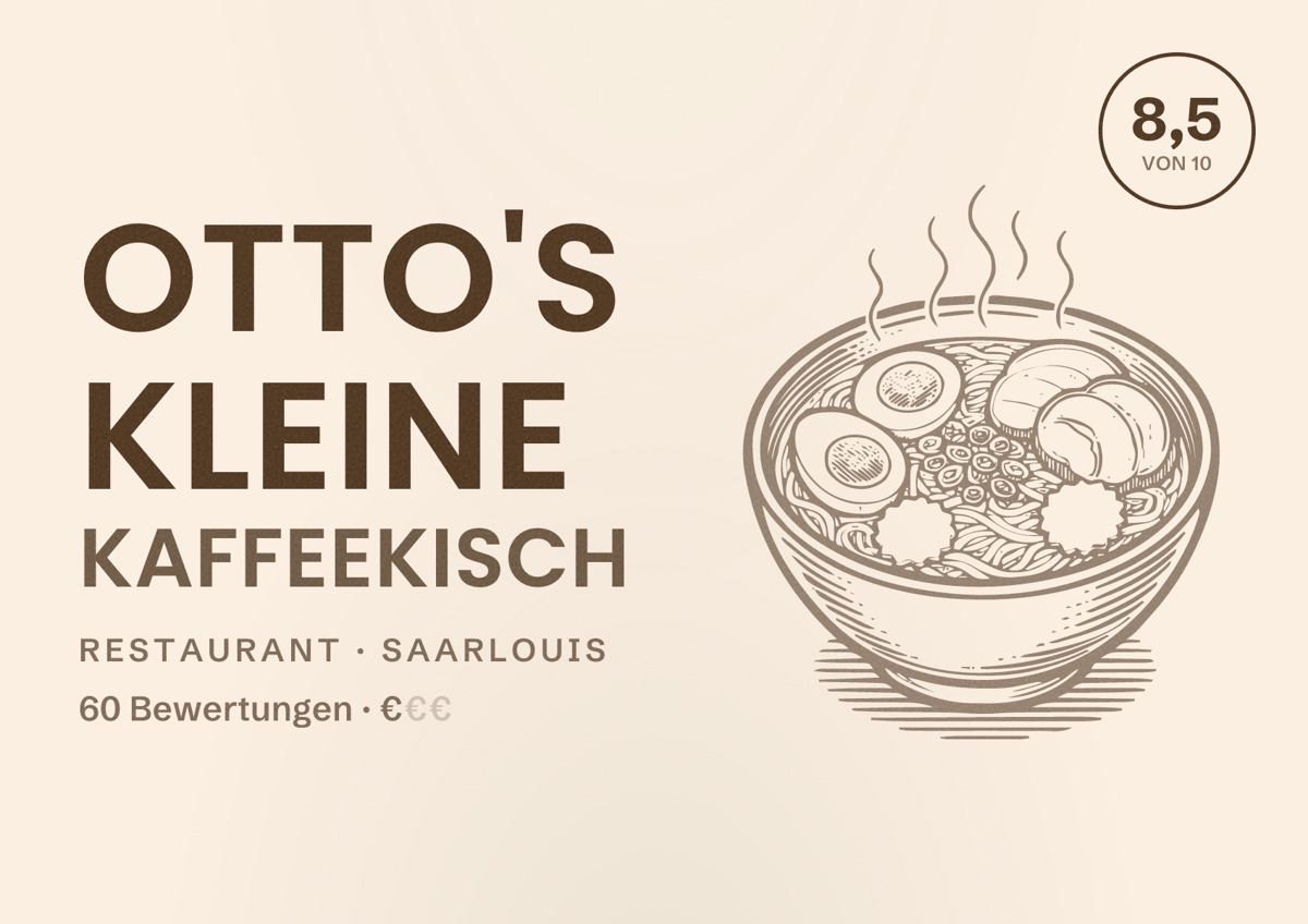 Illustriertes Poster von Otto's kleine Kaffeekisch, Restaurant in Saarlouis: Bewertung 8,5 von 10 aus 60 Bewertungen, Preisniveau €