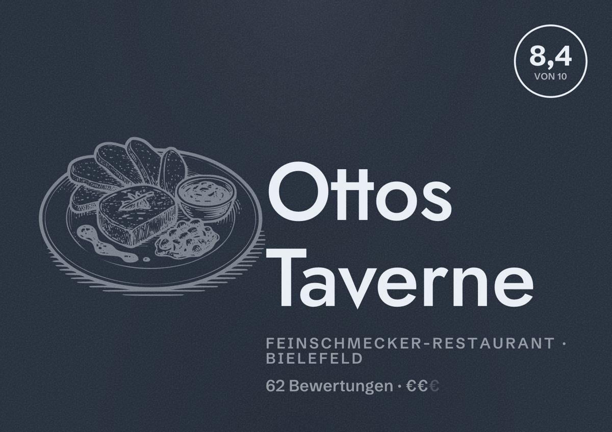 Illustriertes Poster von Ottos Taverne, Feinschmecker-Restaurant in Bielefeld: Bewertung 8,4 von 10 aus 62 Bewertungen, Preisniveau €€