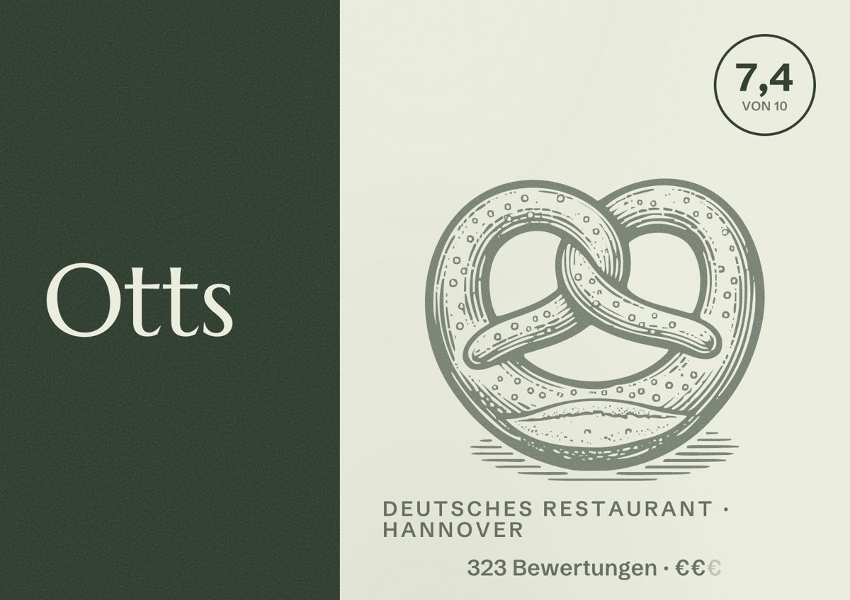 Illustriertes Poster von Otts, Deutsches Restaurant in Hannover: Bewertung 7,4 von 10 aus 323 Bewertungen, Preisniveau €€