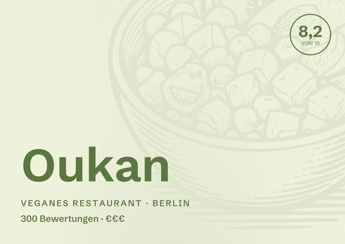 Illustriertes Poster von Oukan, Veganes Restaurant in Berlin: Bewertung 8,2 von 10 aus 300 Bewertungen, Preisniveau €€€