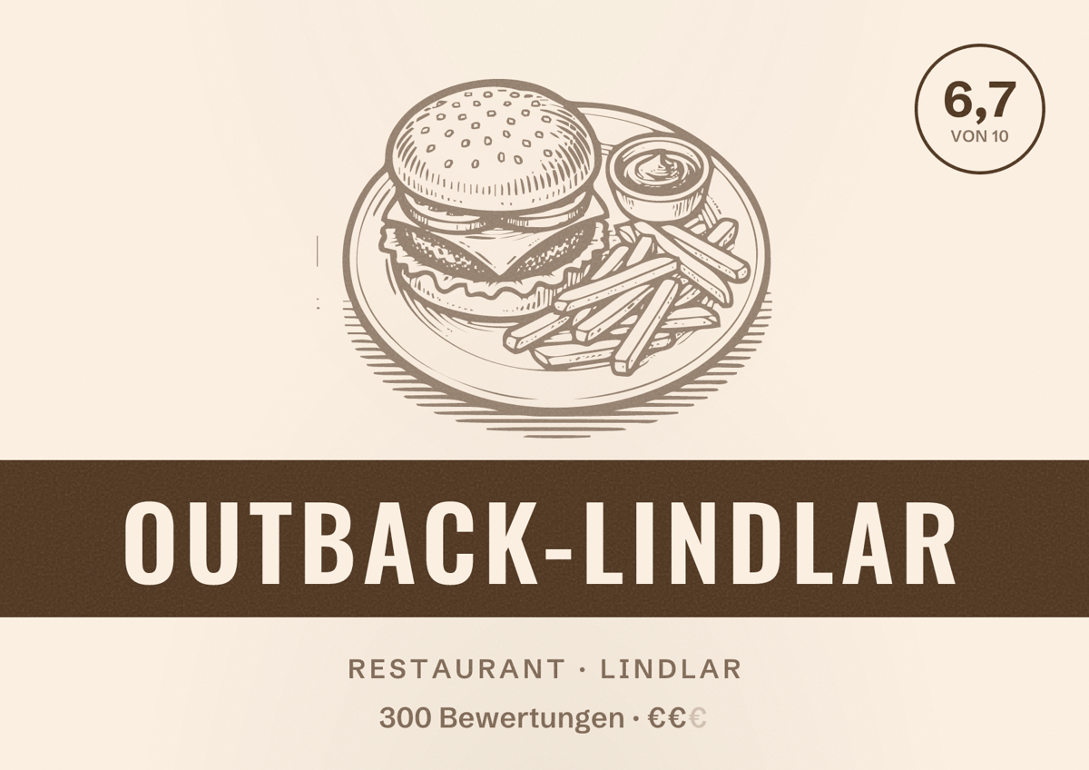 Illustriertes Poster von Outback-Lindlar, Restaurant in Lindlar: Bewertung 6,7 von 10 aus 300 Bewertungen, Preisniveau €€
