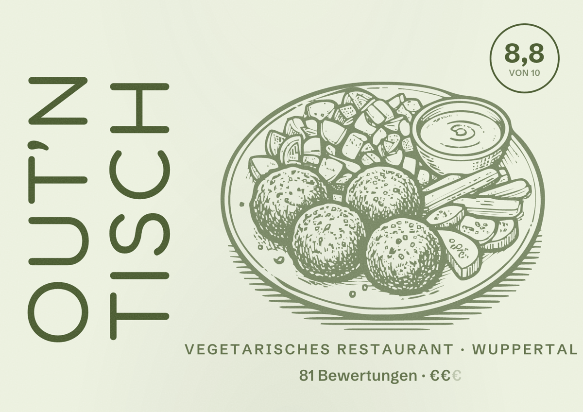 Illustriertes Poster von Out’n Tisch, Vegetarisches Restaurant in Wuppertal: Bewertung 8,8 von 10 aus 81 Bewertungen, Preisniveau €€