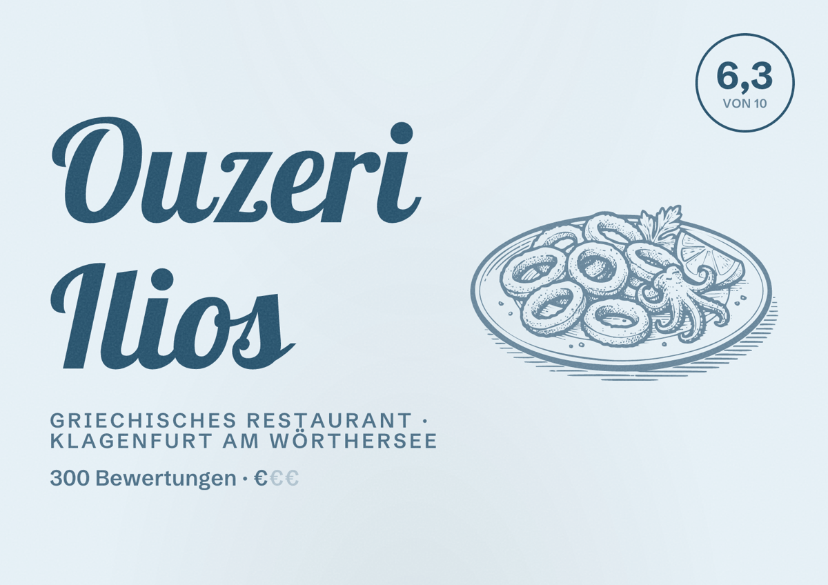 Illustriertes Poster von Ouzeri Ilios, Griechisches Restaurant in Klagenfurt am Wörthersee: Bewertung 6,3 von 10 aus 300 Bewertungen, Preisniveau €