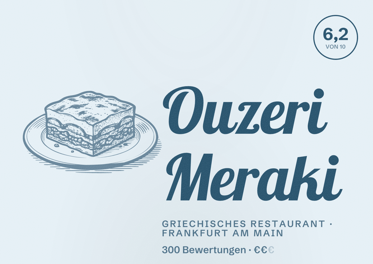 Illustriertes Poster von Ouzeri Meraki, Griechisches Restaurant in Frankfurt am Main: Bewertung 6,2 von 10 aus 300 Bewertungen, Preisniveau €€