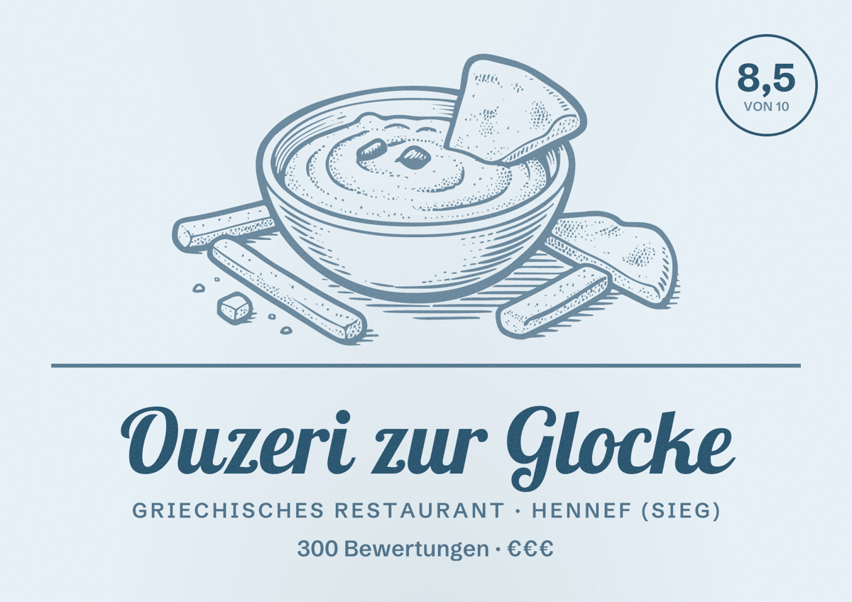 Illustriertes Poster von Ouzeri zur Glocke, Griechisches Restaurant in Hennef (Sieg): Bewertung 8,5 von 10 aus 300 Bewertungen, Preisniveau €€€