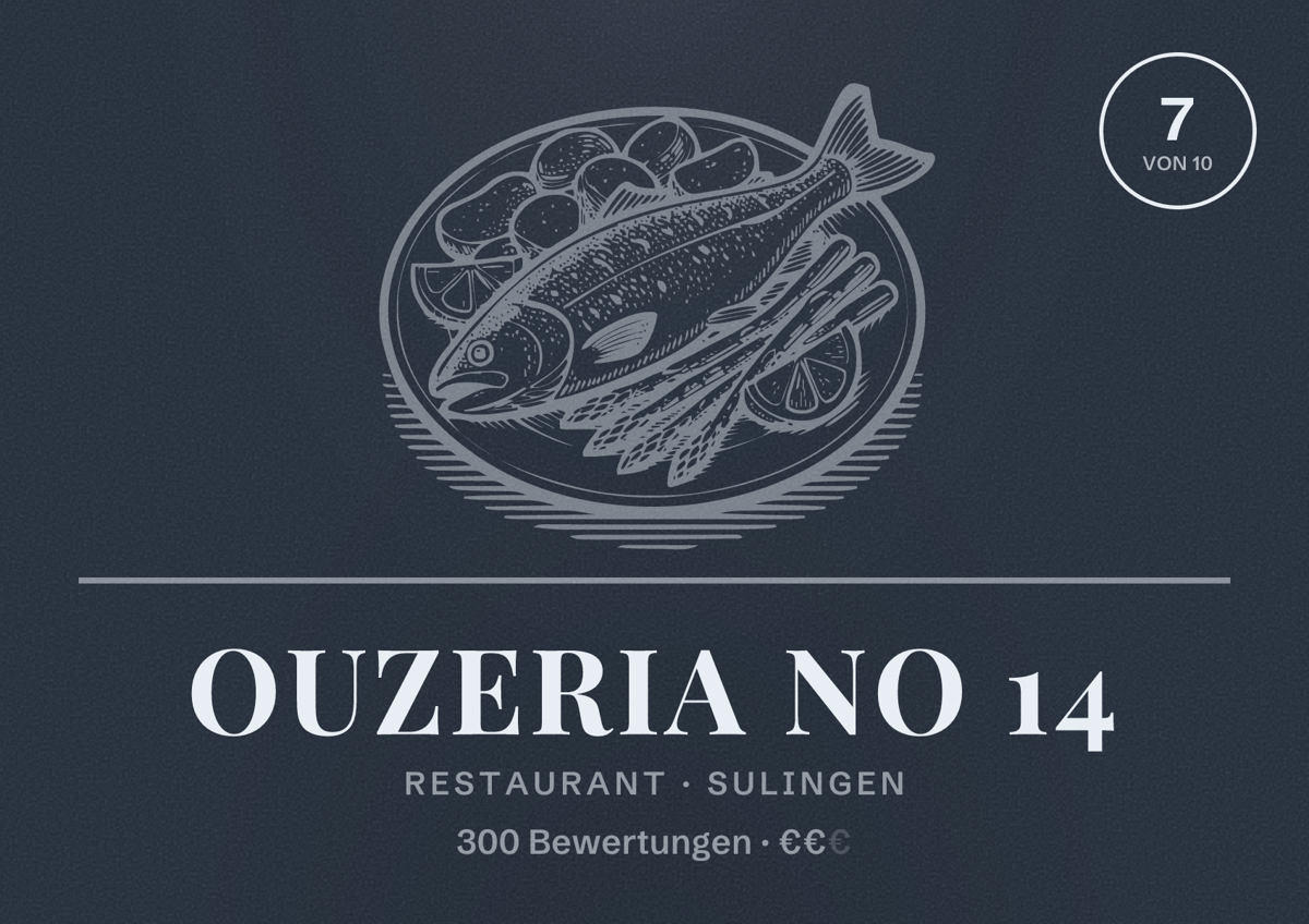 Illustriertes Poster von Ouzeria No 14, Restaurant in Sulingen: Bewertung 7 von 10 aus 300 Bewertungen, Preisniveau €€