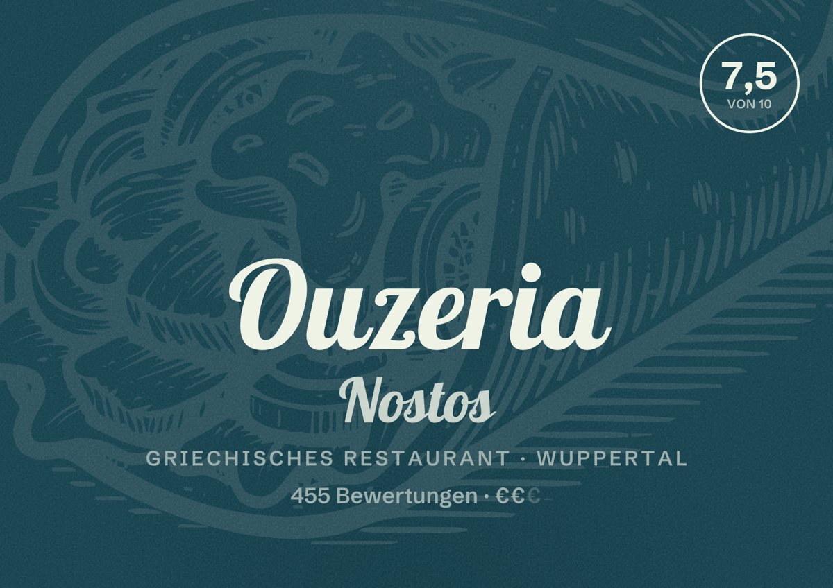 Illustriertes Poster von Ouzeria Nostos, Griechisches Restaurant in Wuppertal: Bewertung 7,5 von 10 aus 455 Bewertungen, Preisniveau €€