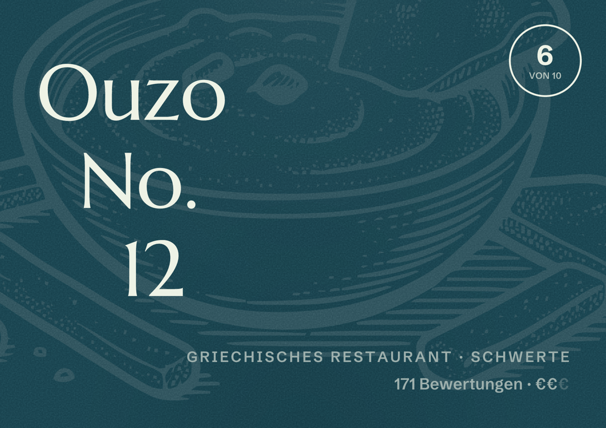 Illustriertes Poster von Ouzo No. 12, Griechisches Restaurant in Schwerte: Bewertung 6 von 10 aus 171 Bewertungen, Preisniveau €€