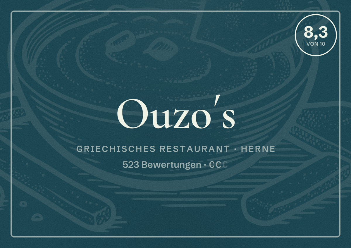 Illustriertes Poster von Ouzo´s, Griechisches Restaurant in Herne: Bewertung 8,3 von 10 aus 523 Bewertungen, Preisniveau €€