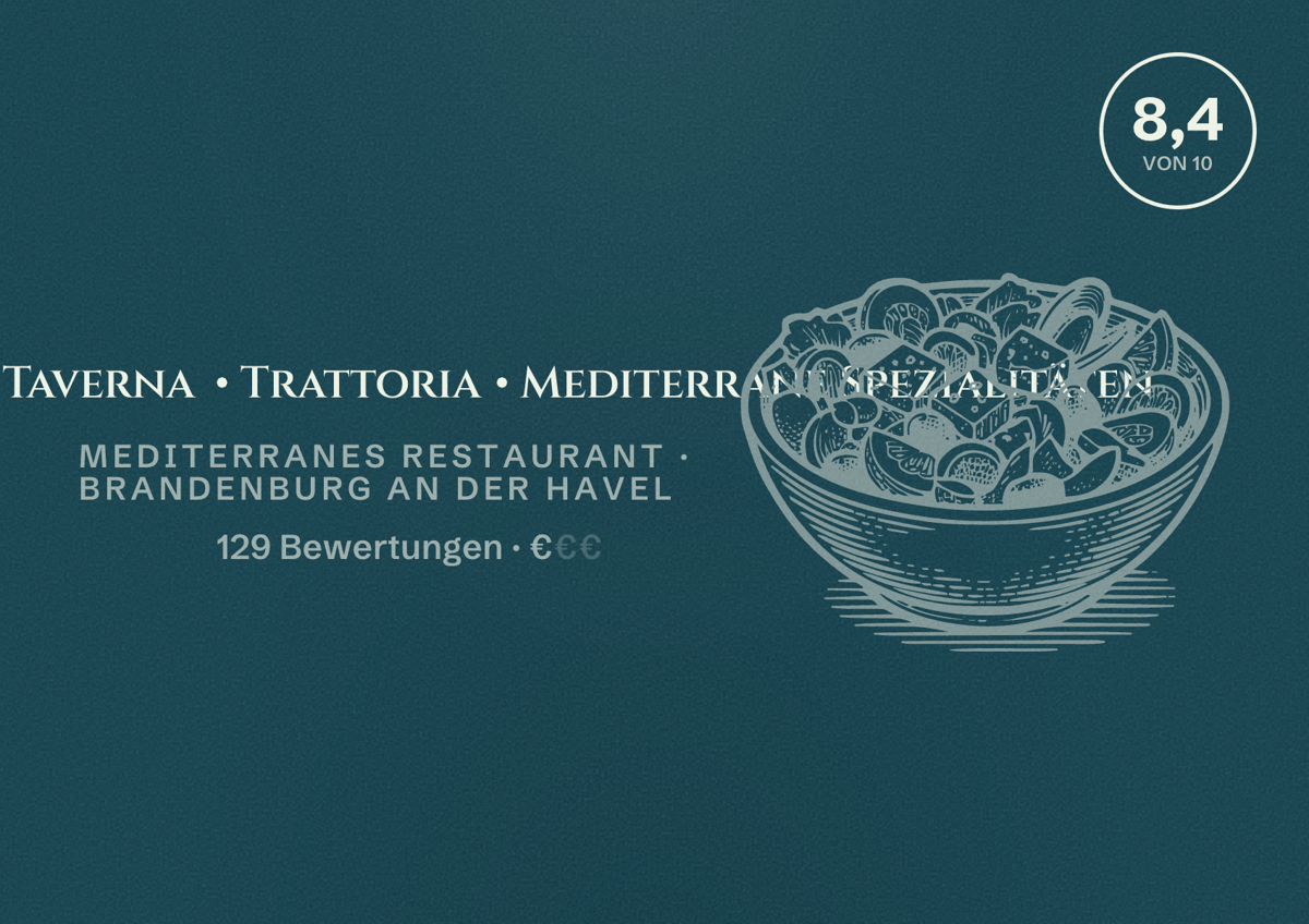 Illustriertes Poster von Ouzo & Vino – Taverna • Trattoria • Mediterrane Spezialitäten, Mediterranes Restaurant in Brandenburg an der Havel: Bewertung 8,4 von 10 aus 129 Bewertungen, Preisniveau €