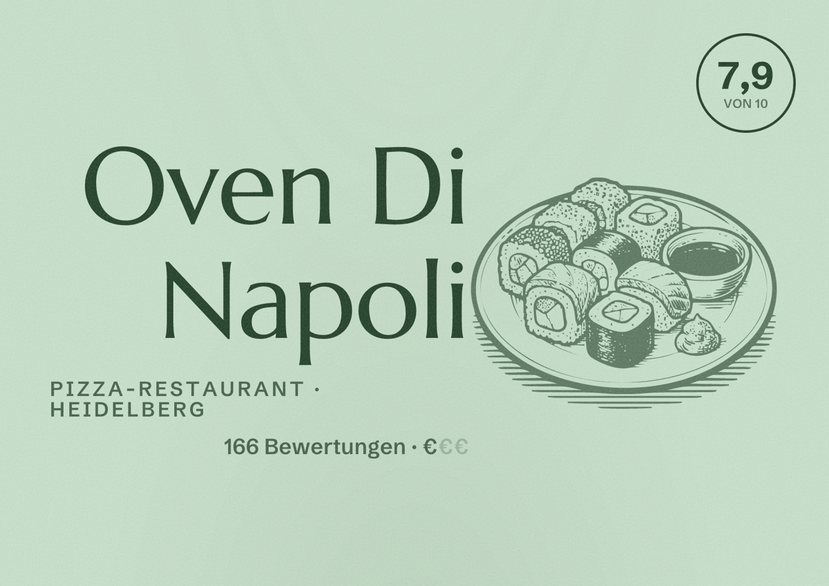 Illustriertes Poster von Oven Di Napoli, Pizza-Restaurant in Heidelberg: Bewertung 7,9 von 10 aus 166 Bewertungen, Preisniveau €